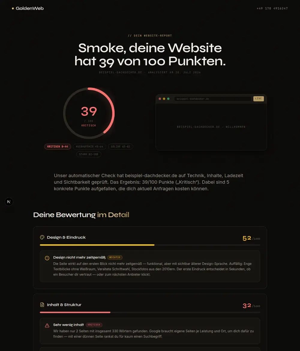 Beispiel eines GoldenWeb-Website-Reports mit Gesamtscore und Themen-Bewertung